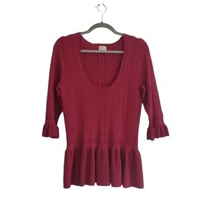 Torn by Ronny Kobo Maroon Knit Sweater Ruffle Peplum